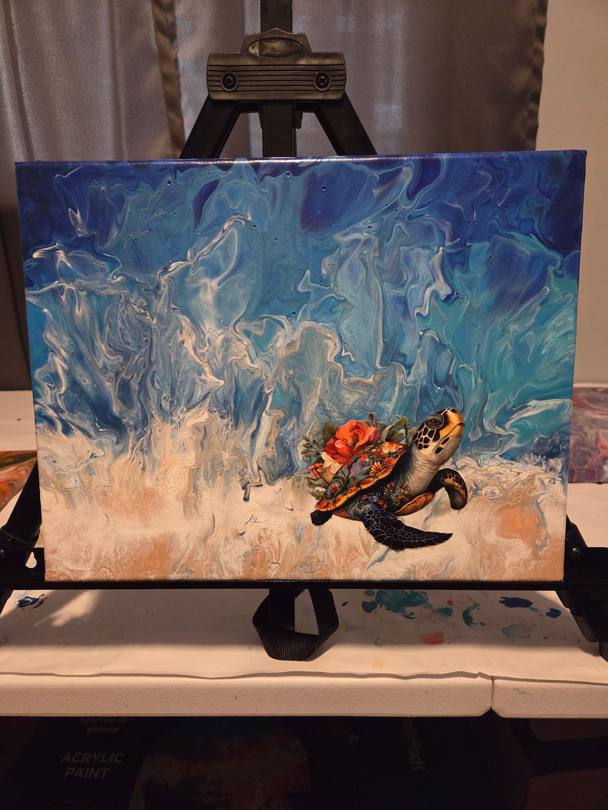Paint Pour 11x14 w/Sea Turtle Decal
